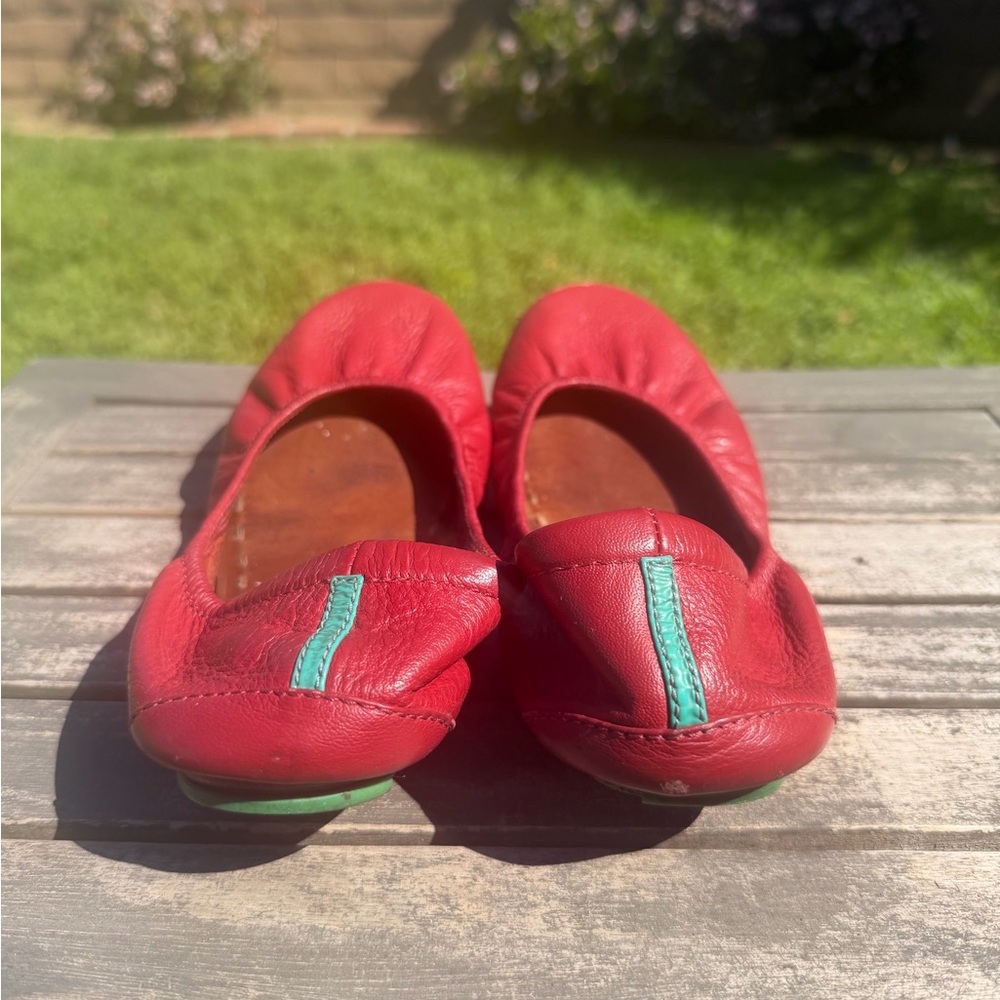 Tieks Red Leather Ballet Flats with Teal Stitch Detail